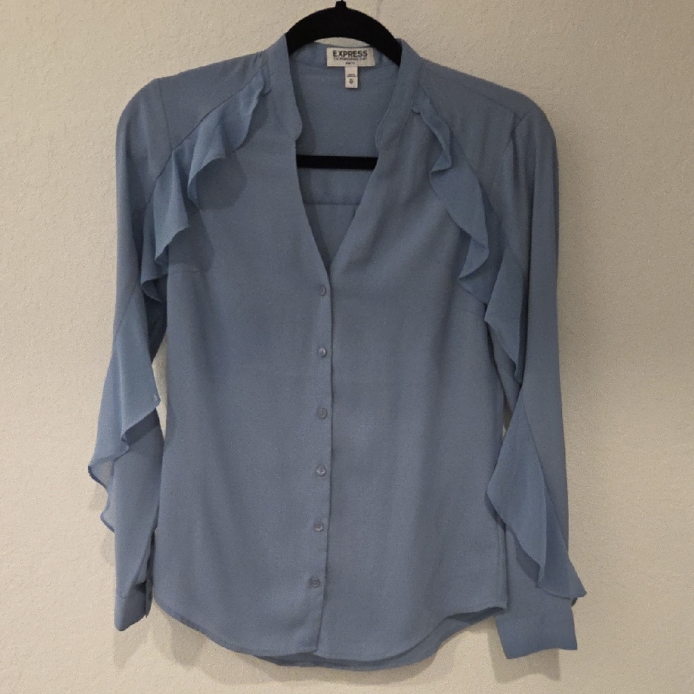 Express Women's Light Blue Ruffle Button-Up Blouse